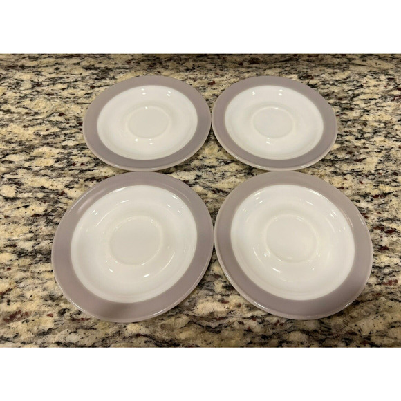Pyrex Glass Saucer Plates Gray Band White Milk Glass MCM Vtg Set of 4 - Picture 1 of 8